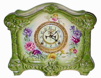 C.1900, Ansonia Clock Co., Royal Bonn, "La Croix", 8-day time/strike porcelain mantel clock in excellent original condition. — Antique Clocks Price Guide