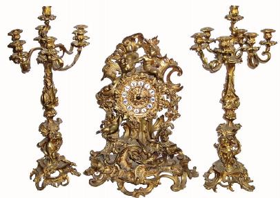 C.1850, French, Large Ormolu Mantel Set, includes 2 candelabras, with wear. — Antique Clocks Price Guide