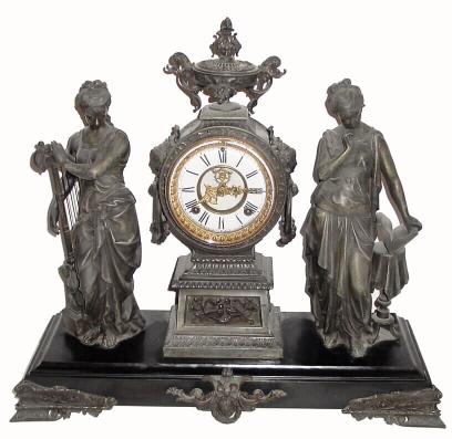 C.1894, Ansonia MUSIC and POETRY, double statue mantle clock in very good, as-found condition. — Antique Clocks Price Guide