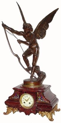 C.1890, French "L'AMOUR" (Cassavetti), a winged archer on a red marble base — Antique Clocks Price Guide