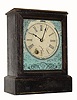 C.1848, Chauncey Jerome, New Haven, 30 hour cottage clock with wooden dial and light blue stenciled tablet, with Jerome logo at bottom.