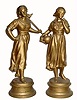 C.1904, Ansonia PEASANT GIRLS, a garniture set in good, as-found condition, old gold paint applied maybe 50 years ago and flaking.