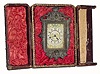 C.1894, Ansonia SOUBRETTE, in original crushed silk, leather covered case, as-found, with damage.