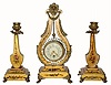 C.1900, French, Lyre Form mantel timepiece set with 2 candle stick garnitures.