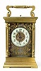 C.1900, French, Brass Cased Carriage Clock, time, strike and repeat, the column case with an engraved and silvered overlay mask surrounding the dial.