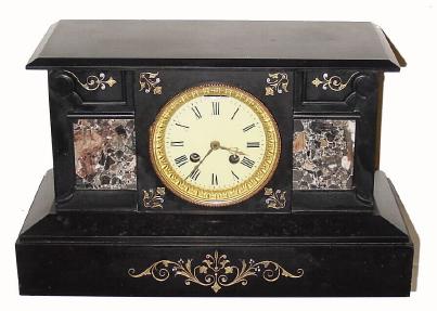 C.1895, French, Black marble &amp; brown onyx mantel clock with original jeweled lever platform, spanning the plates at top. — Antique Clocks Price Guide