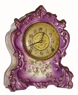 C.1900, William L. Gilbert Clock Co., "No. 418", 8-day time/strike violet color porcelain mantel clock in clean as found condition, — Antique Clocks Price Guide