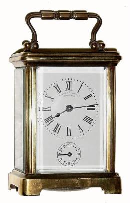 C.1910, French, for Harris &amp; Shafer Co., Washington (D.C.), time and alarm carriage clock in an obis case. — Antique Clocks Price Guide