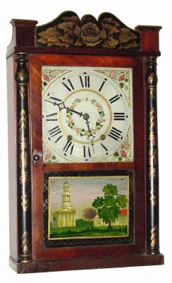 C.1832, Alpha Hart, Goshen, Conn., 30-hour wood movement time/strike half column and splat shelf clock /short/ in overall nice condition. — Antique Clocks Price Guide