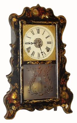 C.1852, E. &amp; A. Ingraham, Bristol, Conn.,  30-hour time/strike/alarm scroll front shelf clock. — Antique Clocks Price Guide