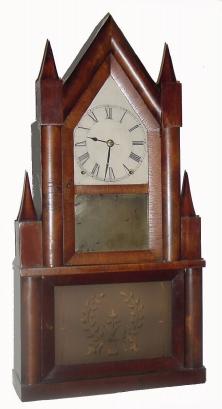 C.1845, Terry &amp; Andrews, Bristol, Conn., steeple on steeple, 8-day time/strike shelf clock. — Antique Clocks Price Guide