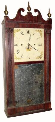 C.1825, Jerome, Darrow &amp; Co., 30-hour wood movement time/strike reeded pilaster and scroll top shelf clock, in fair to good as-found condition. — Antique Clocks Price Guide