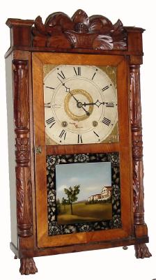 C.1832, Upson, Merrimans &amp; Co., Bristol, Conn., 30-hour wood movement time/strike carved column and splat shelf clock, with restorations. — Antique Clocks Price Guide