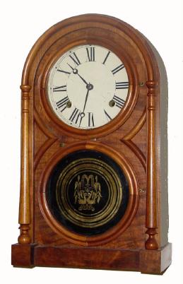 C.1870, Atkins Clock Co., "VICTOR", 8-day time &amp; strike round Gothic shelf clock. — Antique Clocks Price Guide