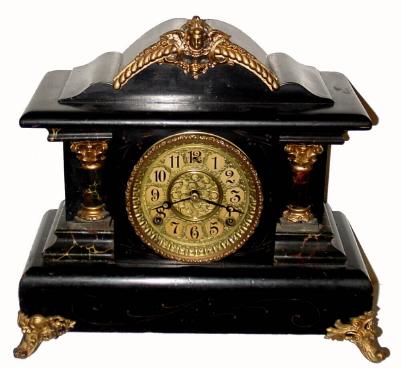 C.1904, William L. Gilbert Clock Co., "Bellwood", 8-day time &amp; strike mantel clock on 6 bells. — Antique Clocks Price Guide