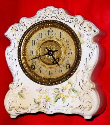 C.1895, F. Kroeber Clock Co., 8-day, China No. 25, time/strike white porcelain case with salmon sides mantel clock in clean as found condition. — Antique Clocks Price Guide
