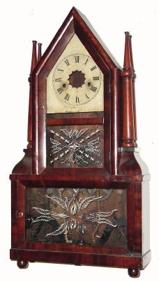 For Parts: C.1845, Birge &amp; Fuller, candle stick steeple wagon spring case with original tablets, but without the top movement. — Antique Clocks Price Guide