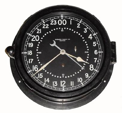 C.1965, Chelsea Clock Co., 8-day black bakelite deck or engine room timepiece in very nice condition — Antique Clocks Price Guide