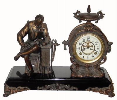 C.1900, New Haven Clock Co., "Benvenuto Cellini", 8-day time/strike figural clock in very clean condition with original bronze finish. — Antique Clocks Price Guide