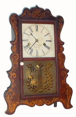 C.1852, E. &amp; A. Ingraham, Bristol, Conn., 30-hour time &amp; strike scroll front shelf clock, with ripple door. — Antique Clocks Price Guide