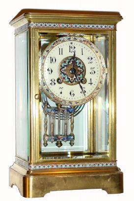 C.1905, French, Japy Freres, Crystal Regulator, with enamel bands across the top and base and with multi color enamel in the dial center, bezel and on the frame of the mercury pendulum. — Antique Clocks Price Guide