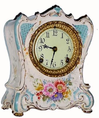 C.1904, Ansonia Clock Co., Royal Bonn, "LaCharite", 8-day time/strike porcelain mantel clock in generally good condition, running. — Antique Clocks Price Guide
