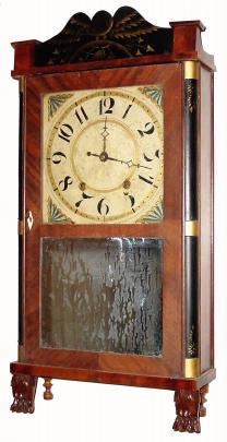 C.1835, Silas Hoadley, Plymouth, Conn., 30-hour wood movement time/strike quarter column and splat shelf clock. — Antique Clocks Price Guide