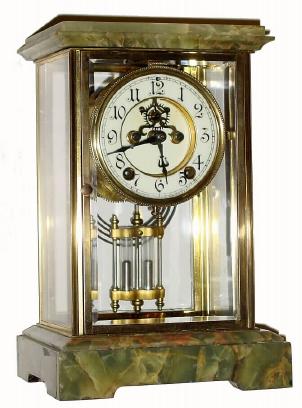 C.1911, New Haven Clock Co., "Thrace", 8-day time &amp; strike brass and green onyx crystal regulator in generally good condition. — Antique Clocks Price Guide