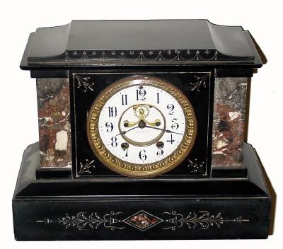 C.1886, Seth Thomas Clock Co., "Marble No. 104", 8-day time/strike black and contrasting marble mantel clock in good condition — Antique Clocks Price Guide