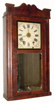 C.1840, Jonathan Frost, Reading, Mass., 30-hour time/strike/alarm wood movement, mahogany veneer shelf clock in very fine restored condition (case refinished). — Antique Clocks Price Guide