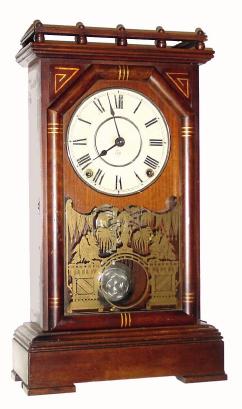 C.1886, Seth Thomas Clock Co., "Omaha", 8-day time/strike walnut shelf clock in extra nice condition with an original finish, tablet, dial, hands and damascene pendulum. — Antique Clocks Price Guide