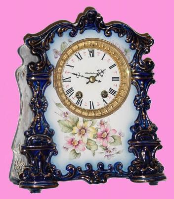C.1900, Waterbury Clock Co., "Parlor No. 87", 8-day time/strike porcelain mantel clock in Cobalt Blue &amp; in excellent LOOKING condition, with restoration. — Antique Clocks Price Guide