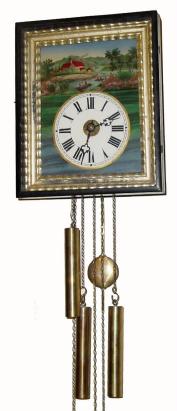 C.1890, German, 30-hour time/strike/alarm (3-weight) picture frame clock in a gilt and black frame with reserve painted dial and original hands in good condition; — Antique Clocks Price Guide