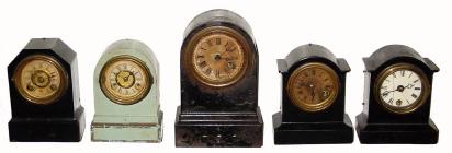 5 Iron Clocks, C.1875, Terry Clock Co., Bradley &amp; Hubbard, &amp; New Haven, 30-hour time/alarm iron case timepieces. — Antique Clocks Price Guide