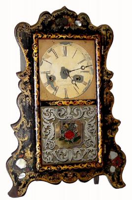 C.1852, E. &amp; A. Ingraham, Bristol, Conn.,  30-hour time/strike/alarm scroll front shelf clock. — Antique Clocks Price Guide