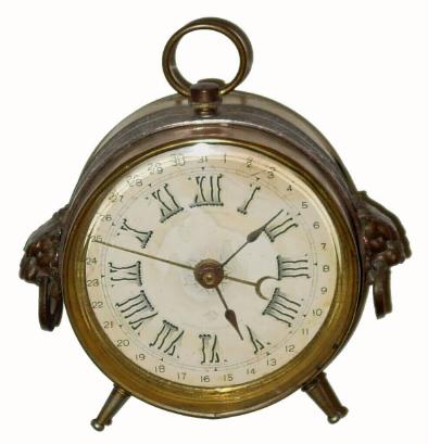 C.1883, Ansonia Clock Co., 30-hour time/calendar in a round nickeled case. — Antique Clocks Price Guide