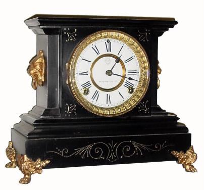 C.1886, Ansonia Clock Co., "La Duchesse", 8-day time/strike enameled iron case mantel clock in fair to good restored condition. — Antique Clocks Price Guide