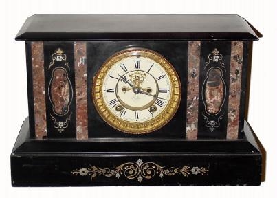 C.1900, Ansonia Clock Co., 8-day time/strike, open escapement black and marble mantel clock in good condition — Antique Clocks Price Guide