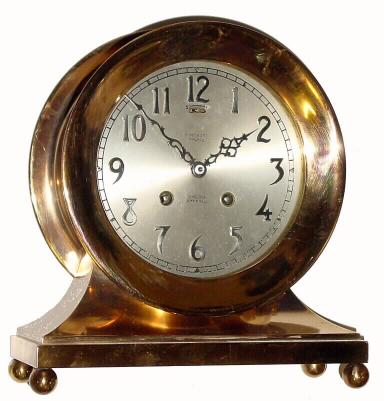 C.1907, Chelsea Clock Co., "Base and Ball", 8-day ships bell clock. The heavy red brass case is in clean polished condition. — Antique Clocks Price Guide