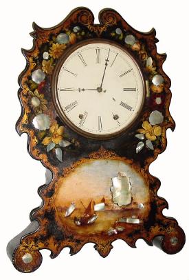 C.1845, Chauncey Jerome, 8-day time/strike paper mach&eacute; shelf clock. — Antique Clocks Price Guide