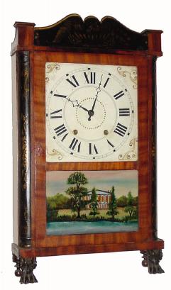 C.1832, Seymour, Williams &amp; Porter, Farmington, Conn., 30-hour wood movement time/strike quarter column and splat shelf clock /short/, in overall very nice condition. — Antique Clocks Price Guide