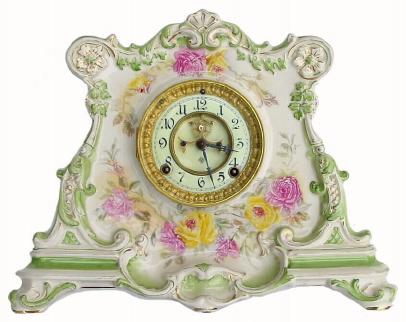 C.1901, Ansonia Clock Co., "La Drome", Royal Bonn, 8-day time &amp; strike porcelain mantel clock in excellent original condition. — Antique Clocks Price Guide