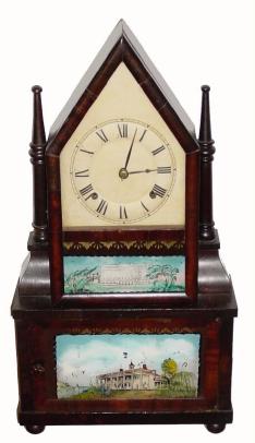 C.1848, John Birge, Bristol, Conn., 30-hour time/strike steeple on frame with candle finials wagon spring shelf clock. — Antique Clocks Price Guide