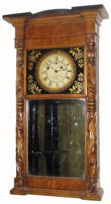 C.1832, Munger &amp; Benedict, Auburn, New York, 8-day time &amp; strike mirror clock. The refinished butternut &amp; mahogany case with carved columns is in very nice condition — Antique Clocks Price Guide