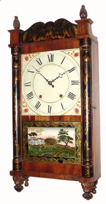 C.1830, Ephraim Downs, Bristol, Conn.,  30-hour time/strike wood movement shelf clock. — Antique Clocks Price Guide