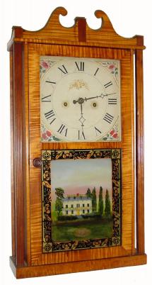 C.1820, F. &amp; E. Sanfords, Goshen, Conn., 30-hour Torrington wood movement time &amp; strike pillar and scroll clock. — Antique Clocks Price Guide