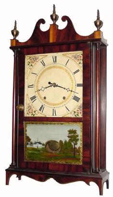 C.1820, Eli Terry, Plymouth, Conn., (with the oval engraved Terry label), Pillar &amp; Scroll shelf clock, in outstanding condition, with restorations. — Antique Clocks Price Guide