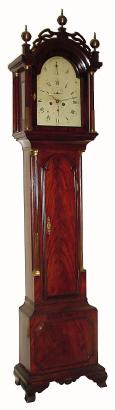 C.1800, English, Mahogany Veneer  tall clock, 8-day, painted dial, with quarter reeded columns with stop fluting. — Antique Clocks Price Guide