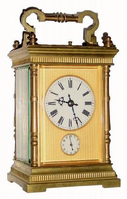 C.1900, French, Large Brass Cased Carriage Clock, Time, Strike/repeat and Alarm, big "LeRoy" style case with half columns at 45 degrees at each corner, and in good original condition. — Antique Clocks Price Guide