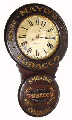 C.1894, Baird Clock Co., Plattsburgh, NY, "MAYOS TOBACCO" advertising clock in very good original condition. — Antique Clocks Price Guide